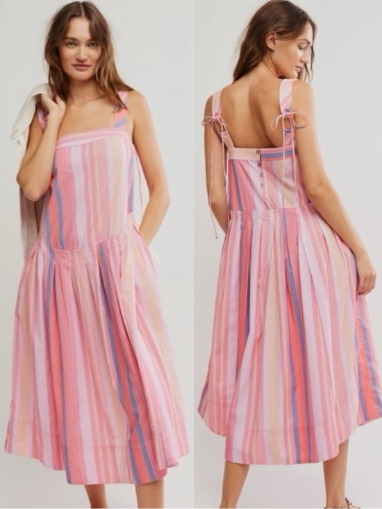 Free People Dresses & Skirts - Free People Primavera Reversible Striped Midi Dress Strawberry Combo Size Large